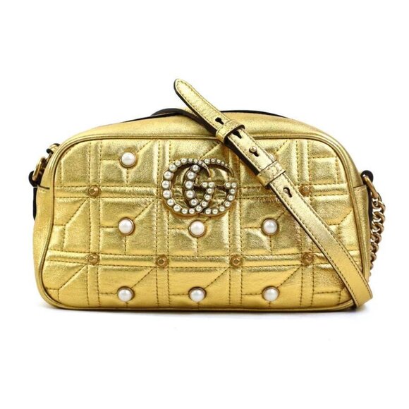 Auth GUCCI GG Marmont Crossbody Shoulder Bag Gold Leather/Faux Pearl - Picture 1 of 16